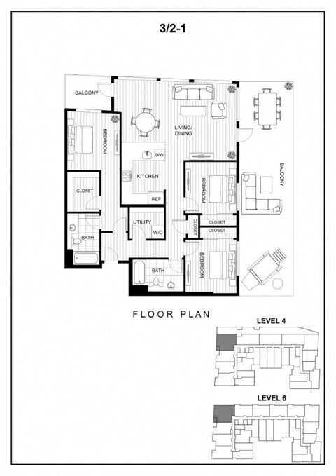 Floor plan for 3 beds, 2 baths, 1268 sqft